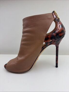 Sergio Rossi Brown Leather Peep-Toe Stiletto with Tortoiseshell-Effect Heel
